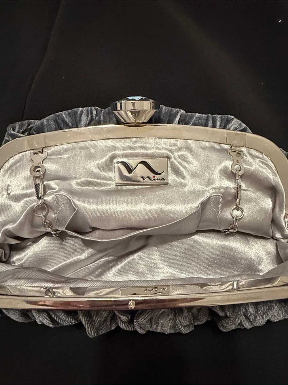 Nina Charcoal Velvet Ruched Evening Clutch with Silver Chain